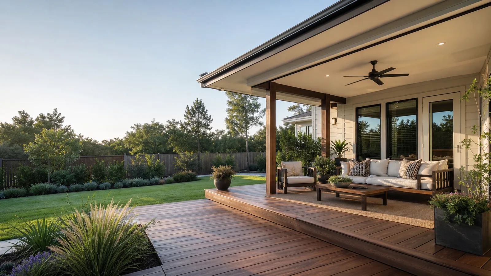 Illustrative covered timber deck and outdoor seating area