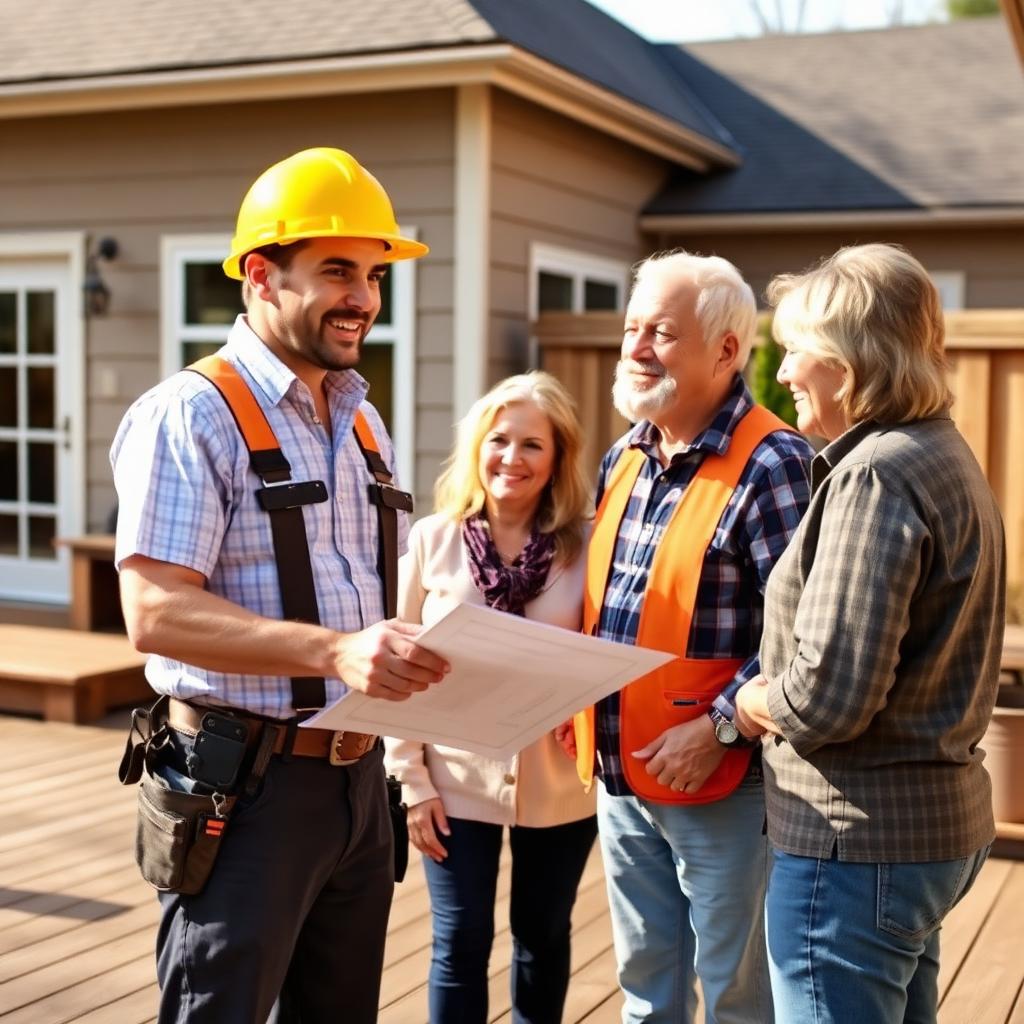 Deck builder consulting with homeowners about their Schertz deck project