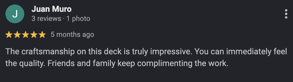 Five-star Google review from Juan Muro for TD Schertz Deck Builder