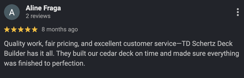 Five-star Google review from Aline Fraga for TD Schertz Deck Builder