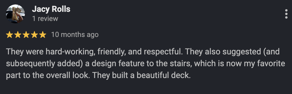 Five-star Google review from Jacy Rolls for TD Schertz Deck Builder